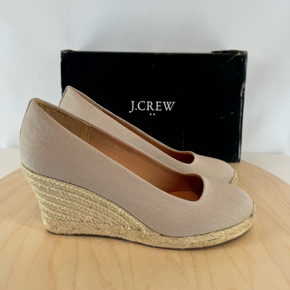 J. Crew Women's $128 Flax Tan Beige Canvas Espadrille Wedges Platform 7.5 New